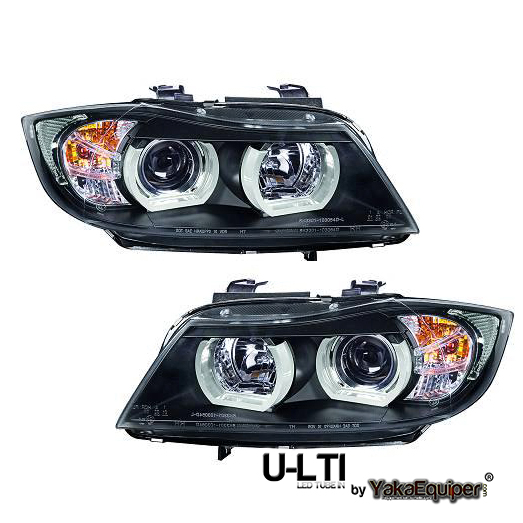 Phares BMW Serie 3 E90 E91 Angel Eyes LED U LTI 05 08 Noir YakaEquiper