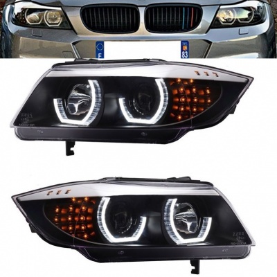 2 BMW Serie 3 E90 E91 Angel Eyes LED Scheinwerfer 05-12 Look Iconic M4 -  Schwarz 