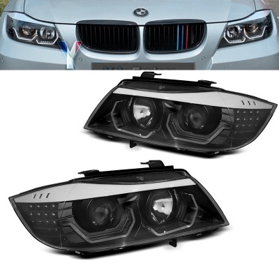 2 BMW Serie 3 E90 E91 Angel Eyes LED Scheinwerfer 05-12 Look Iconic M4 -  Schwarz 